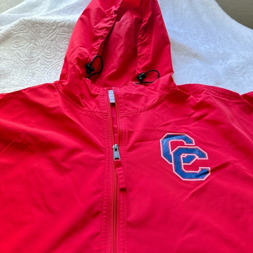 Champion Red Half Zip Windbreaker Jacket L Lightweight Hooded Pullover CC Logo - Picture 6 of 14